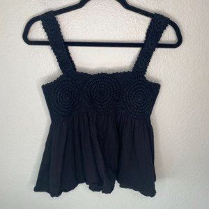 Apiece Apart Boho crochet Lined Peplum Black Sleeveless Tank Cotton Sz S